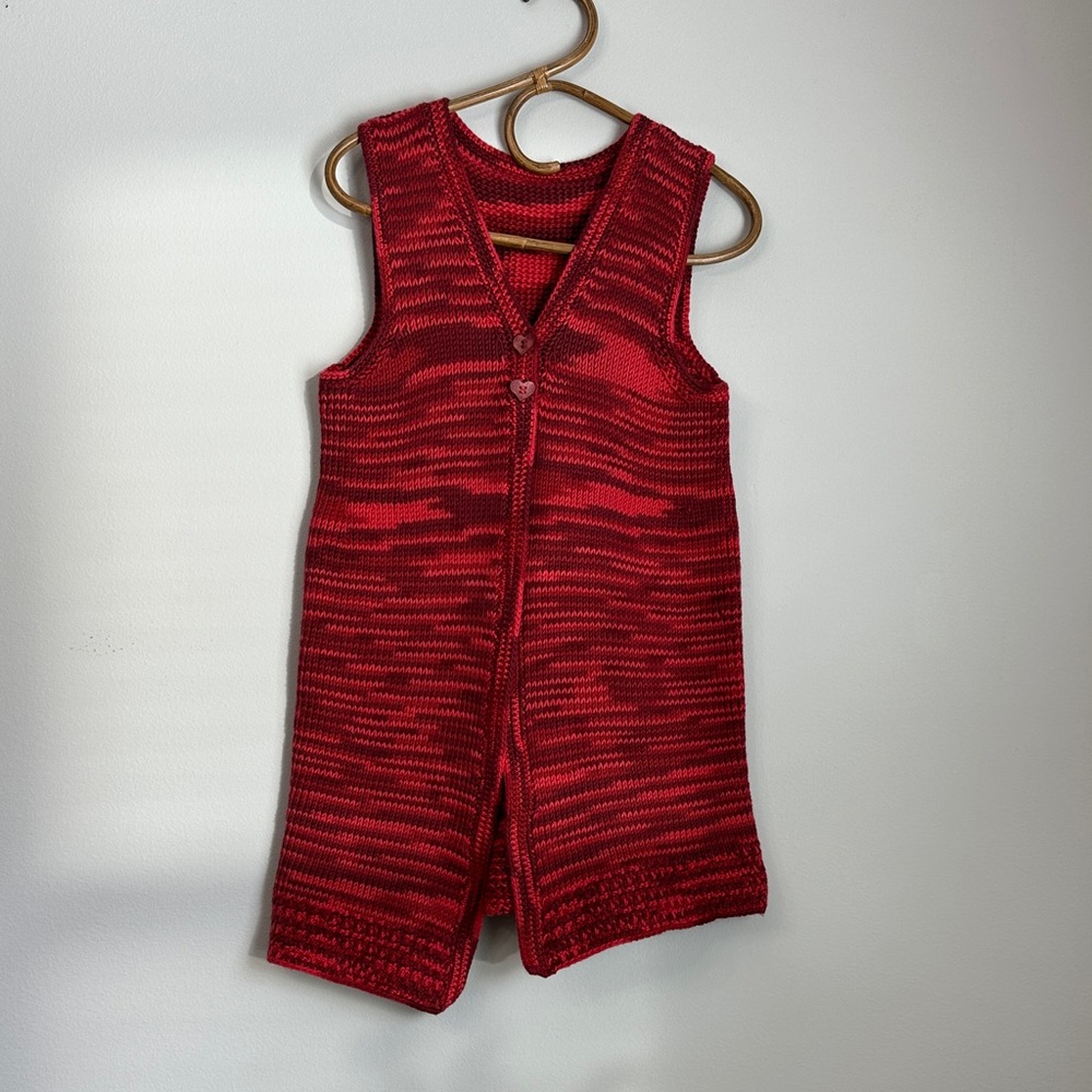 Handmade Vintage Red Knit Sleeveless Cardigan Vest with Heart Buttons
